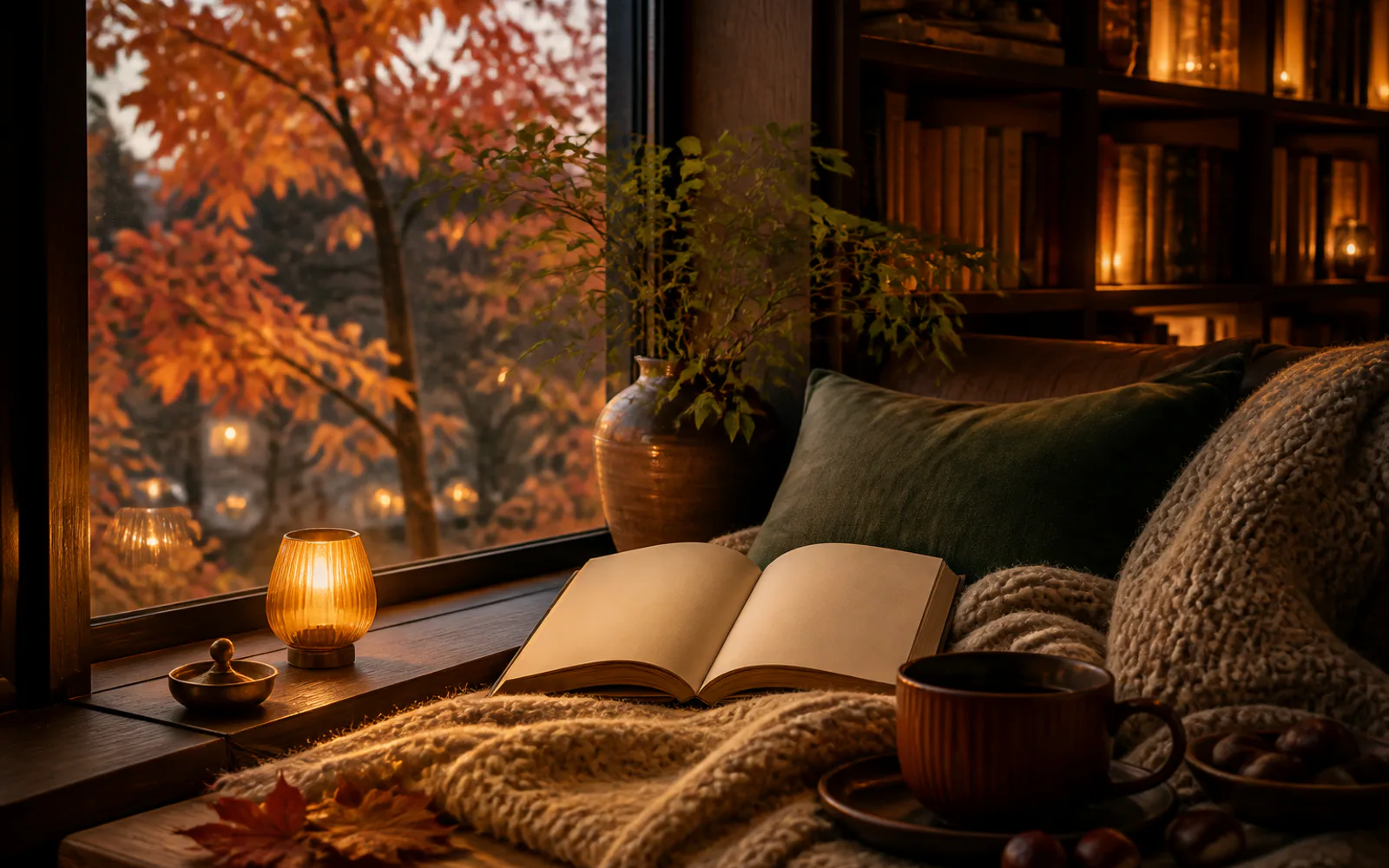 紅葉を望む秋の窓辺に開いた本とランプ、毛布がある夜