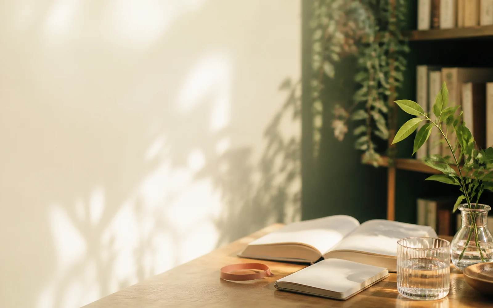 朝の光が差し込む、木の本棚に囲まれた読書空間