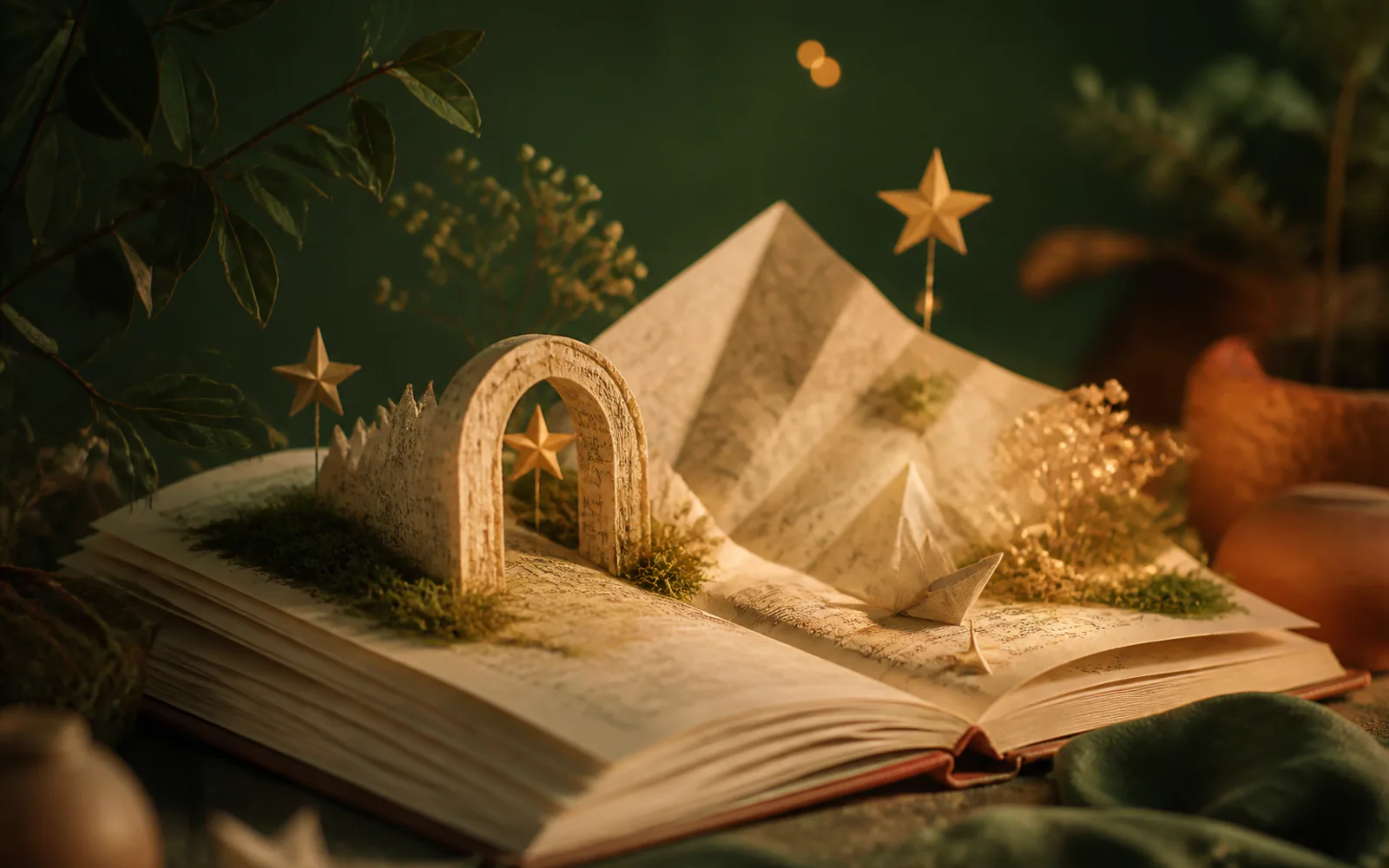 開いた本から紙の山と小さな門が立ち上がる幻想的な読書風景