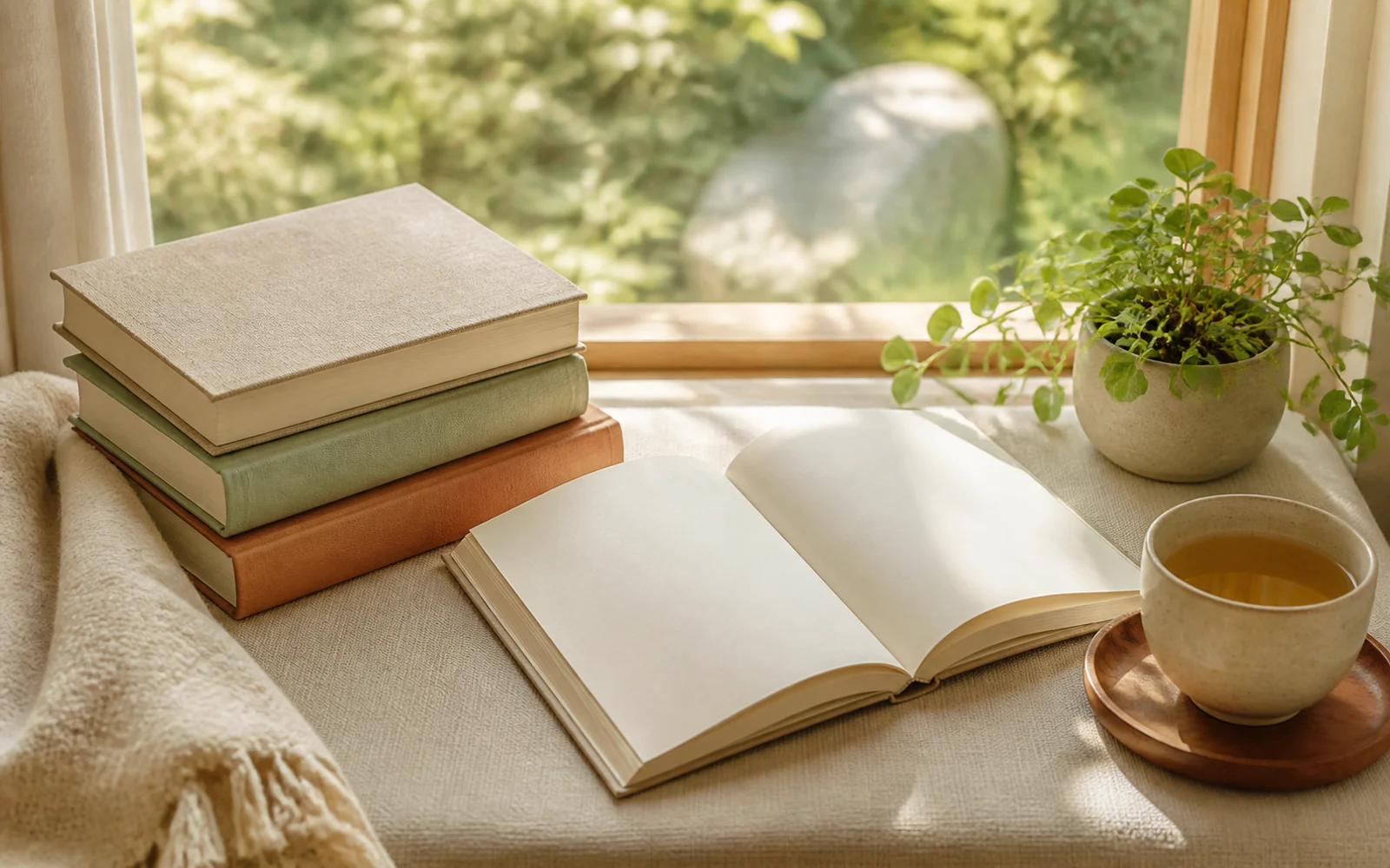 朝の光が差す窓辺に、開いた無地の本と温かな飲み物が置かれた読書空間