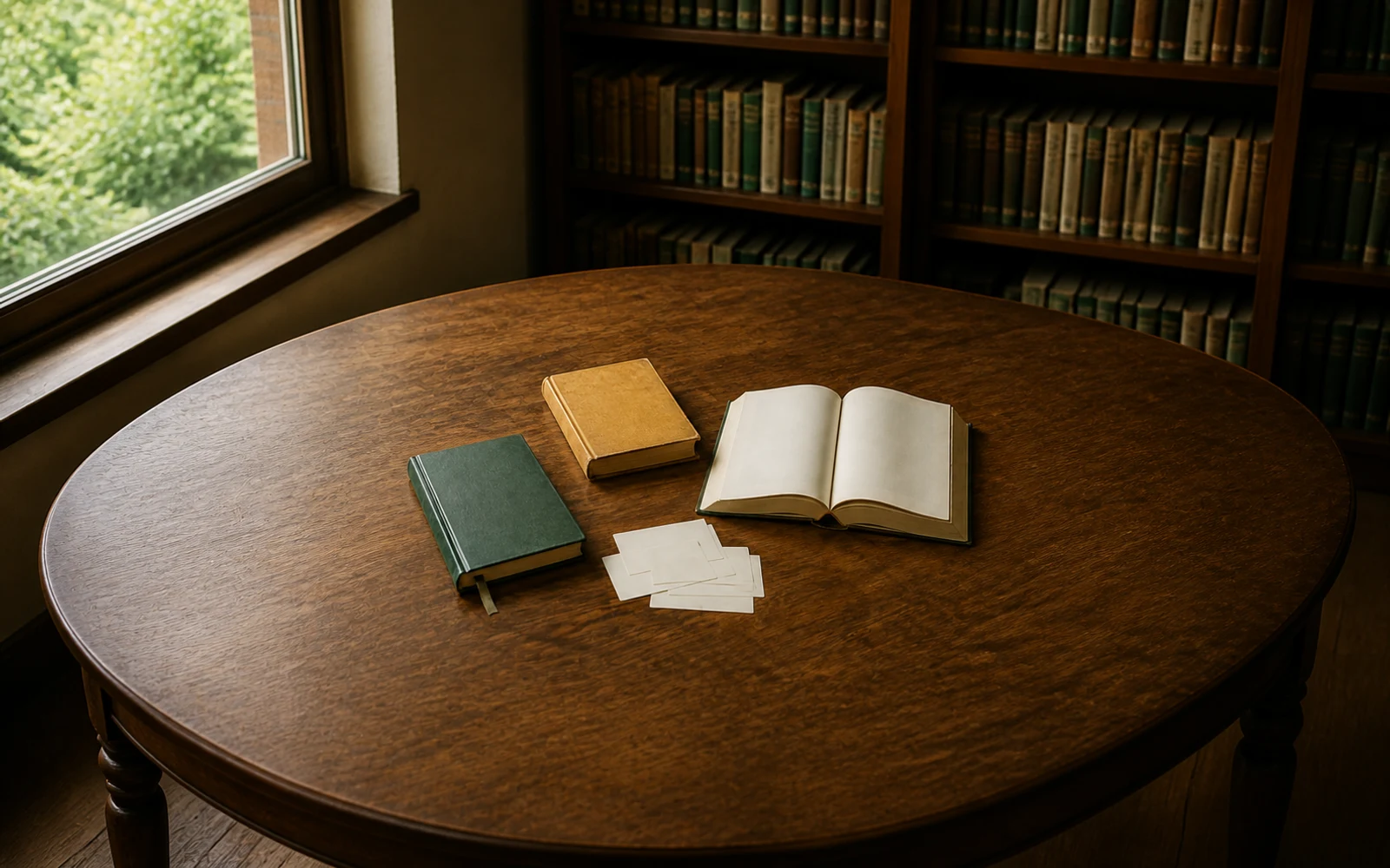 図書室の窓辺の机に、古い無地の本、栞を挟んだ深緑の本、開いた本と白い索引カードが並ぶ風景