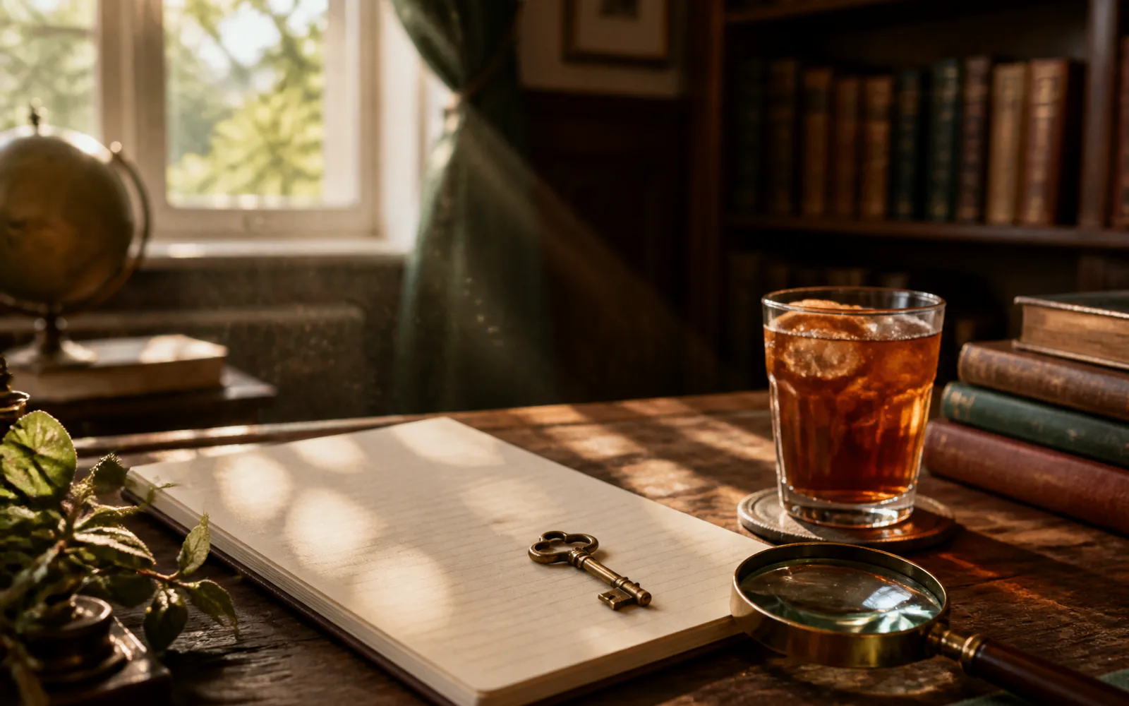 古い図書机にノートと鍵、虫眼鏡、冷たい飲み物が並ぶ様子