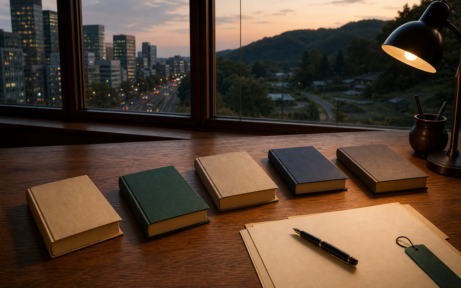 夕暮れの窓辺で、都市から山里へ続く景色を背景に無地の本5冊が並ぶ読書机