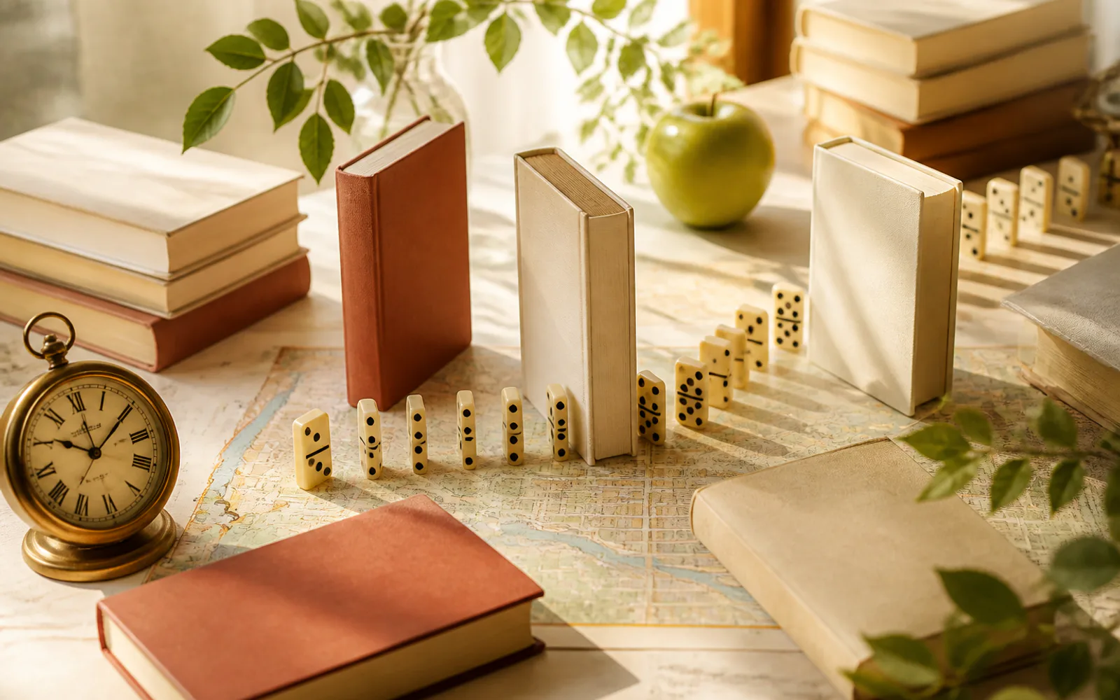 本とドミノ、時計、青りんごが地図の上でつながる明るい読書机