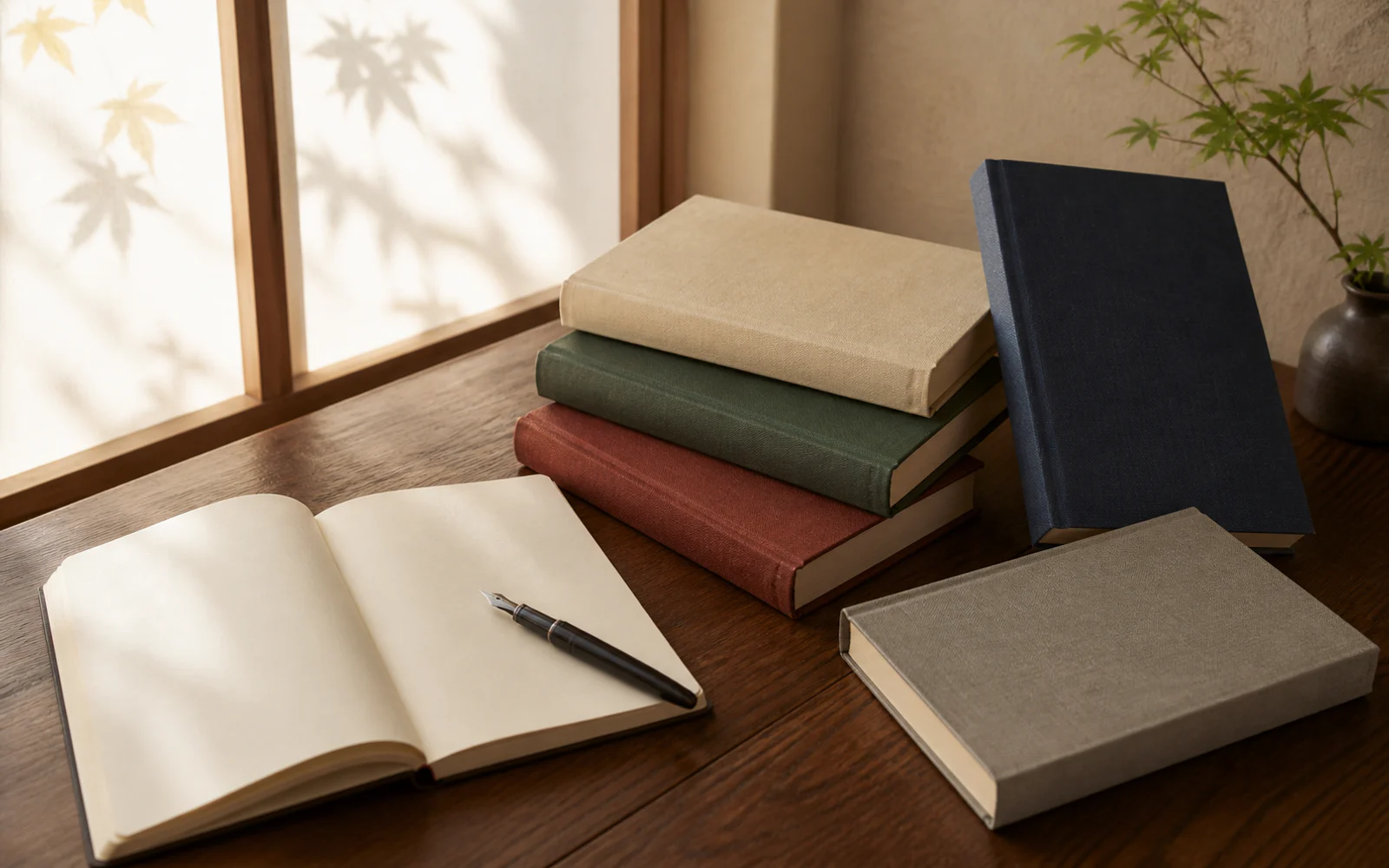 障子越しの光が差す机に、無地の本と万年筆が並ぶ静かな読書風景