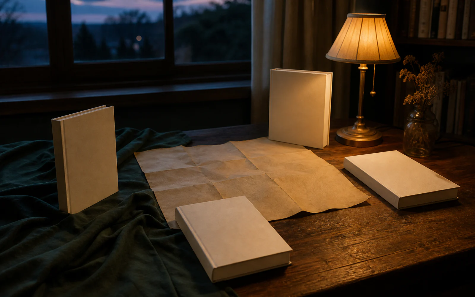 夕暮れの窓辺で、無地の本4冊と古い地図が暖色のランプに照らされた読書机