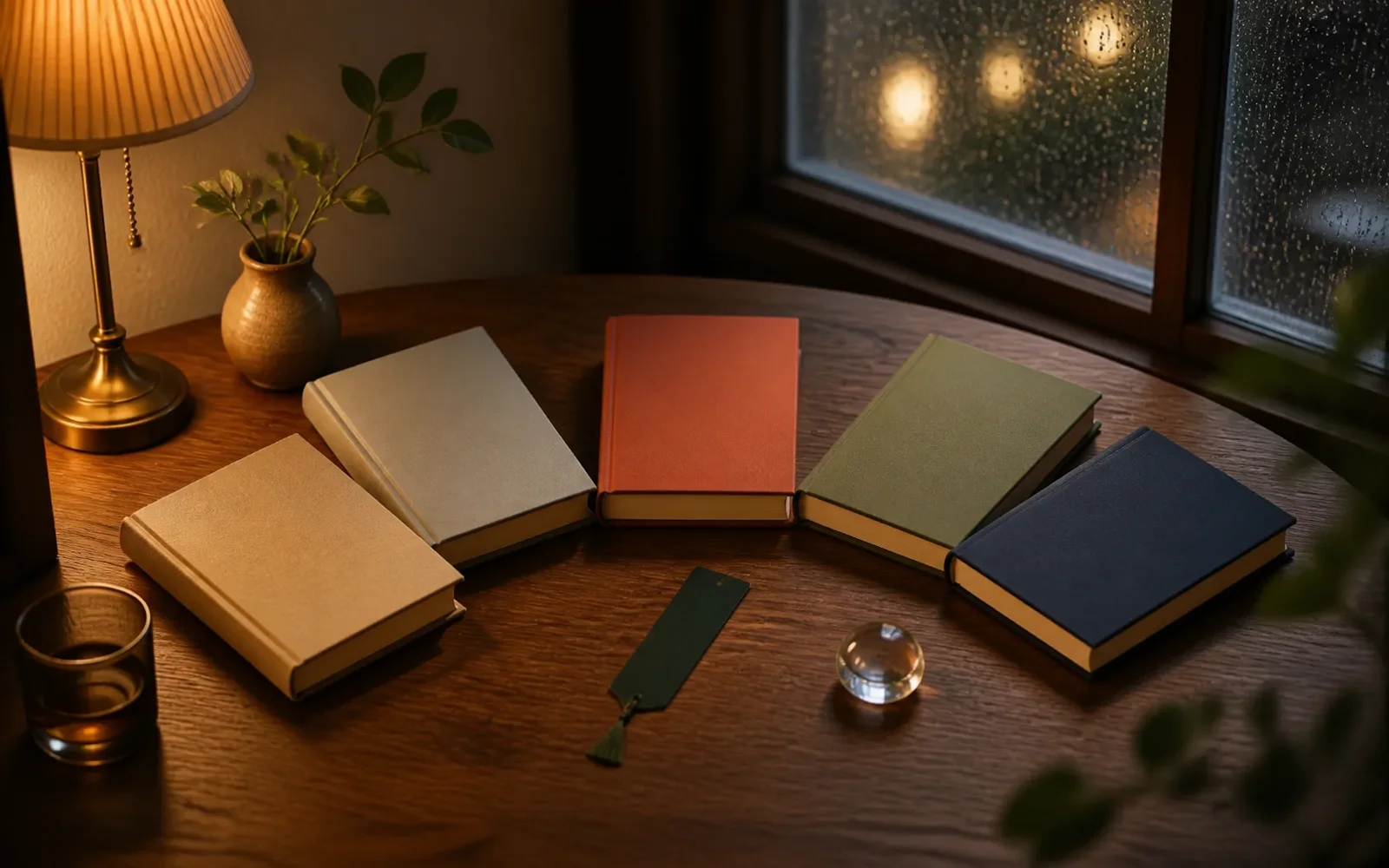 雨の夜の読書机で、無地の本5冊が扇状に並び深緑の栞が添えられている様子