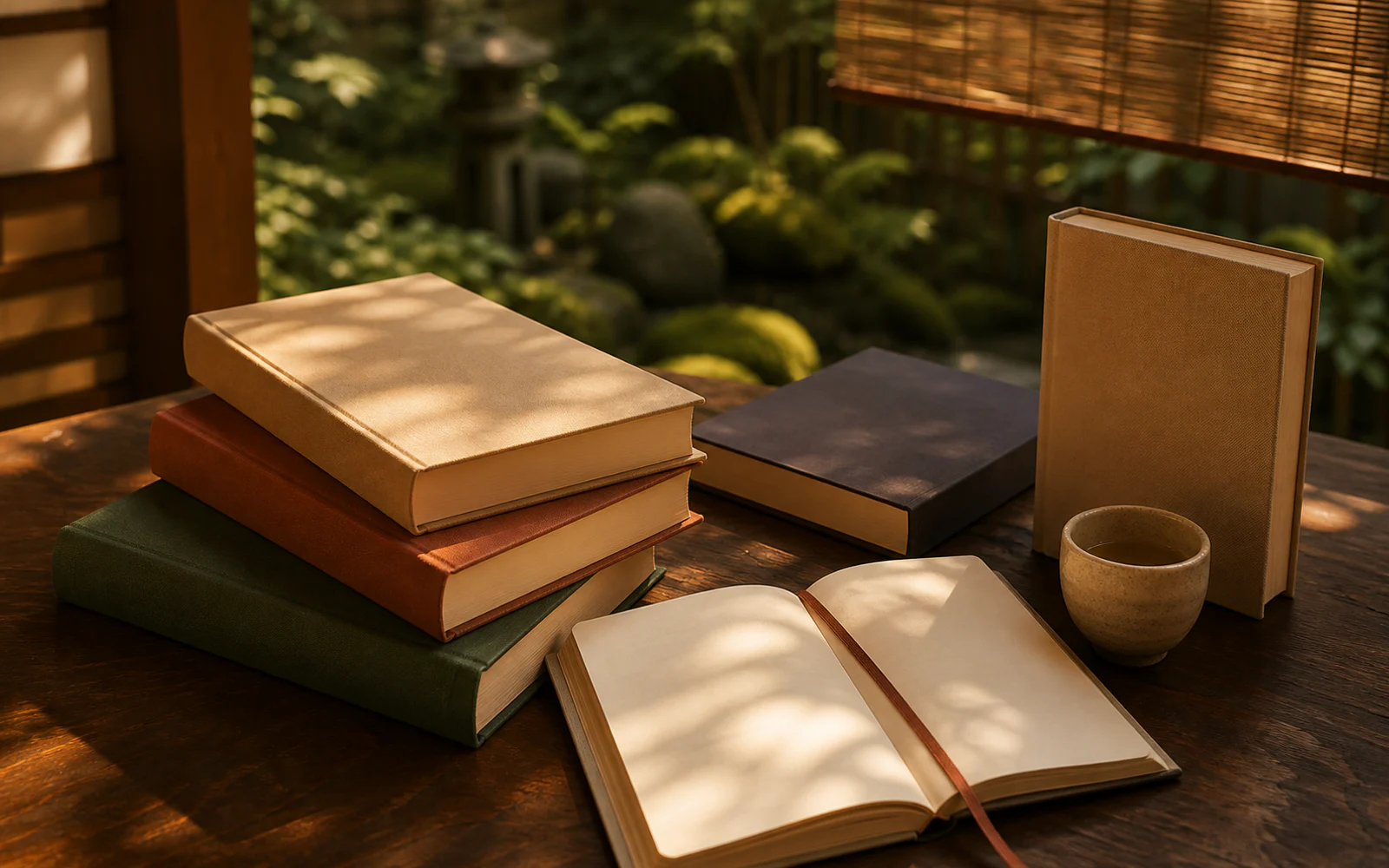 京都の町家を思わせる窓辺に、無地の本と湯のみが置かれた読書空間