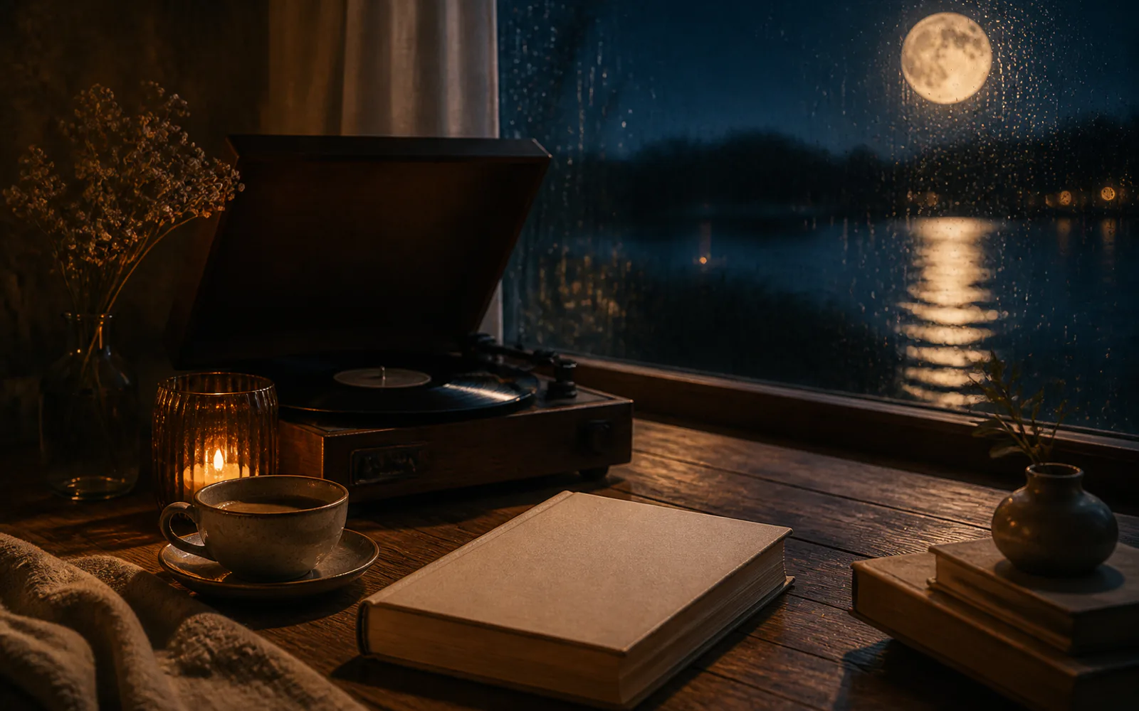 月夜の雨窓に本とレコードプレーヤー、コーヒーが並ぶ読書机