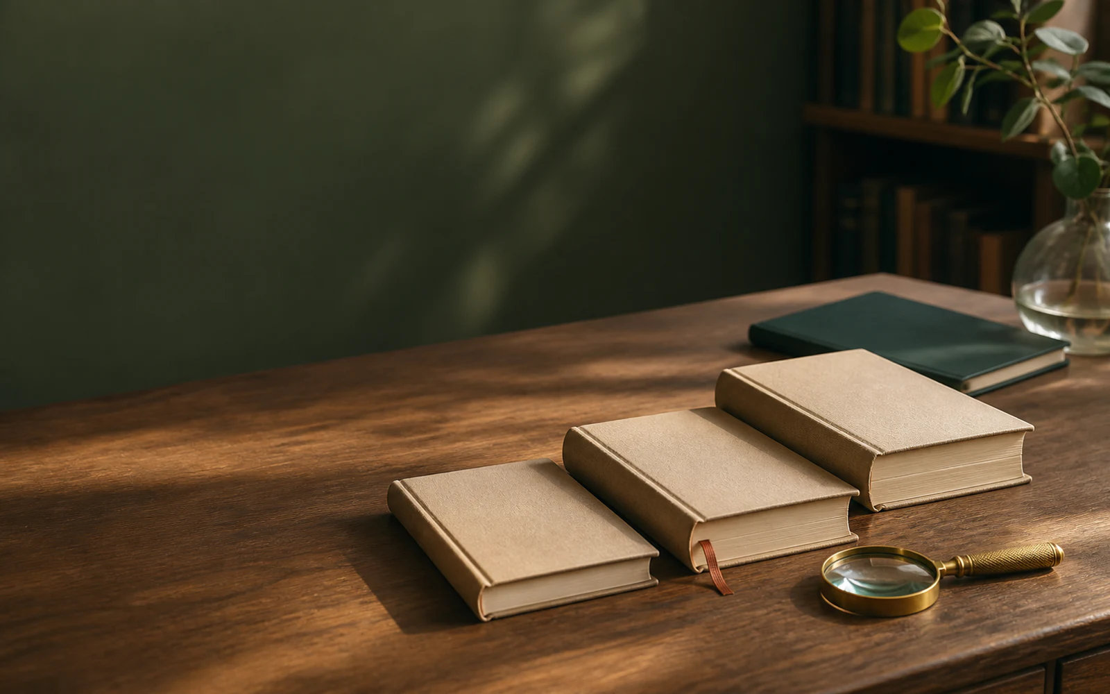 三冊の無地の本と虫眼鏡が段階的に並ぶ書斎の机