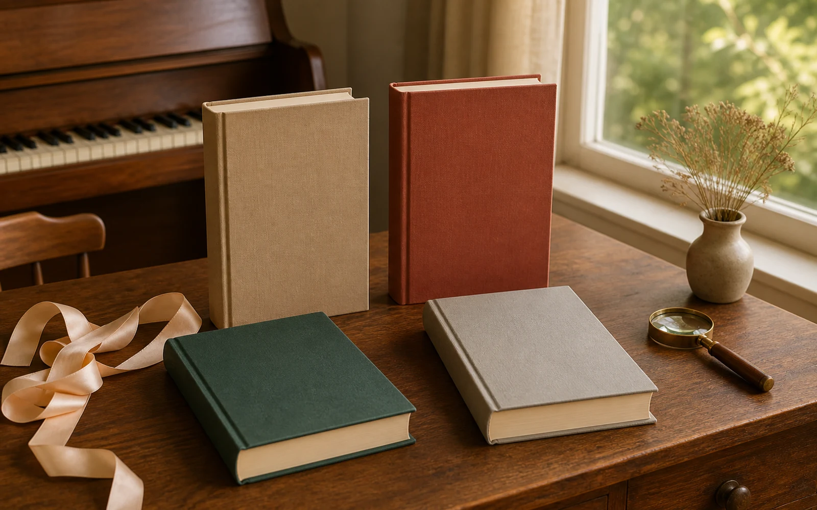 暖かな窓辺の読書机に、無地の本4冊とピアノ、リボン、虫眼鏡が並ぶ風景