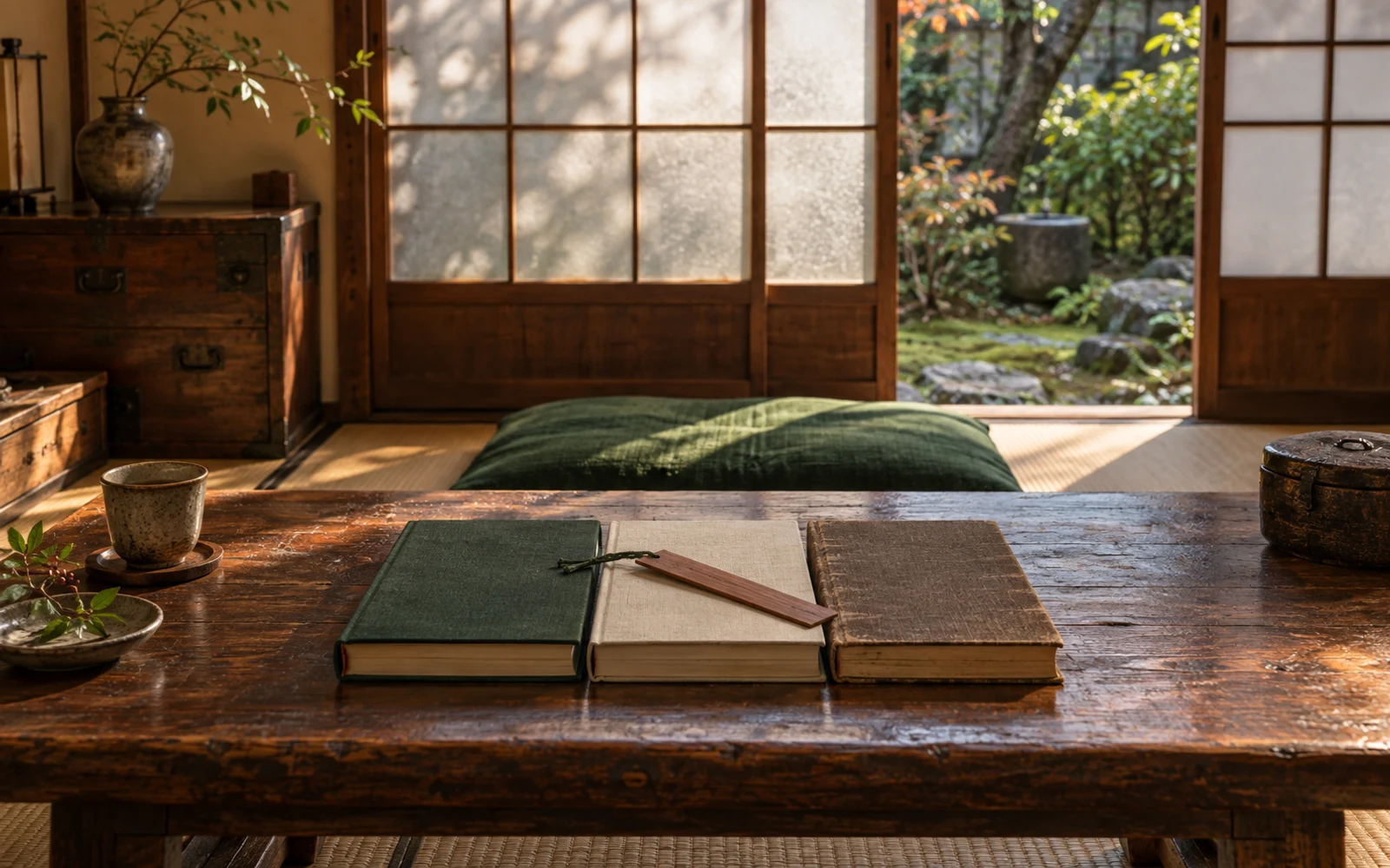 庭へ開いた木枠の引き戸から自然光が入る和室で、古い読書机に深緑・生成り・茶色の無地の本3冊と木の栞が並ぶ