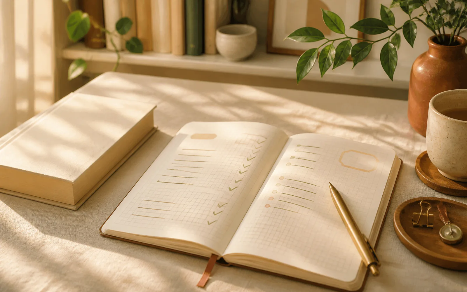 読み終えた本とチェックを記した読書ノートが並ぶ朝の机