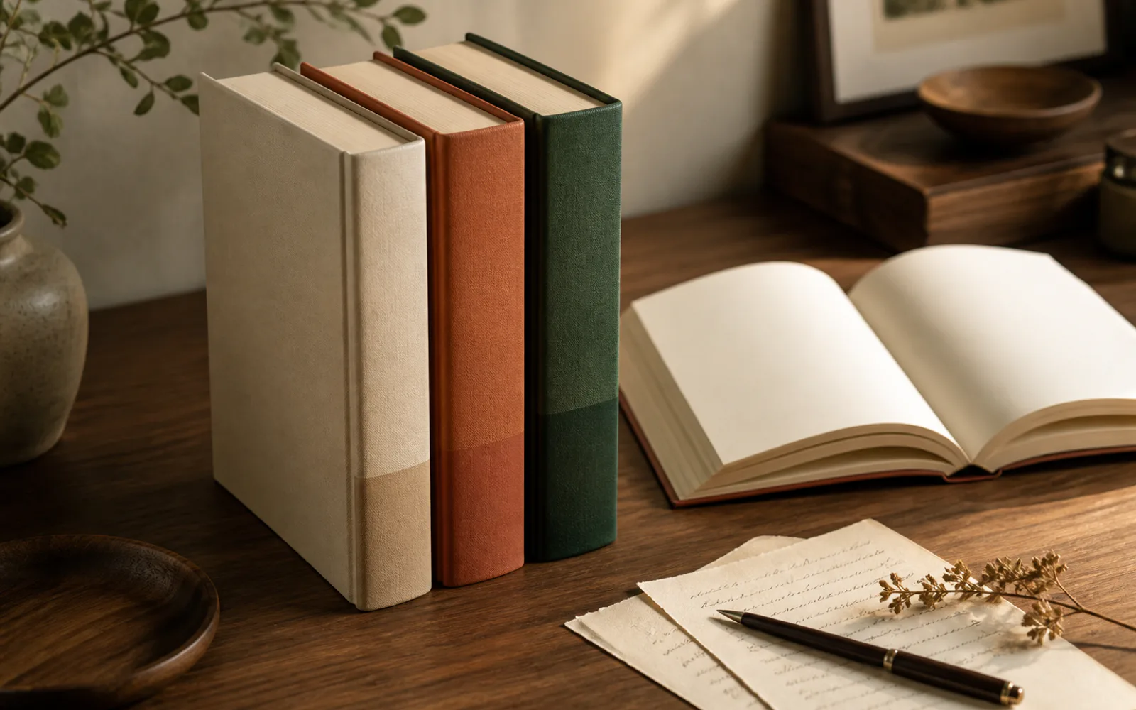 装丁の雰囲気がそろった三冊と読書メモが並ぶ木の机