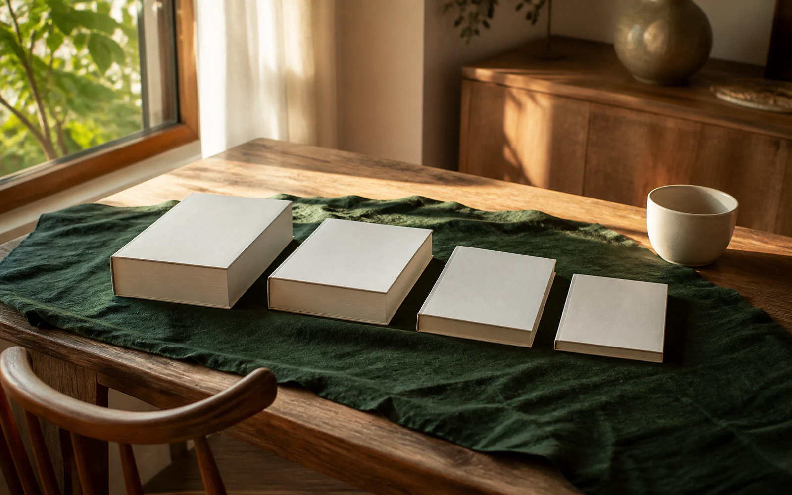 朝の自然光が差す食卓に、厚さの異なる無地の本4冊と深緑の布が並ぶ読書風景