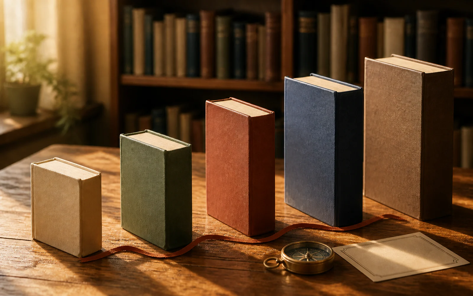 無地の本5冊が段階的に並び、栞とコンパスが添えられた木の読書机