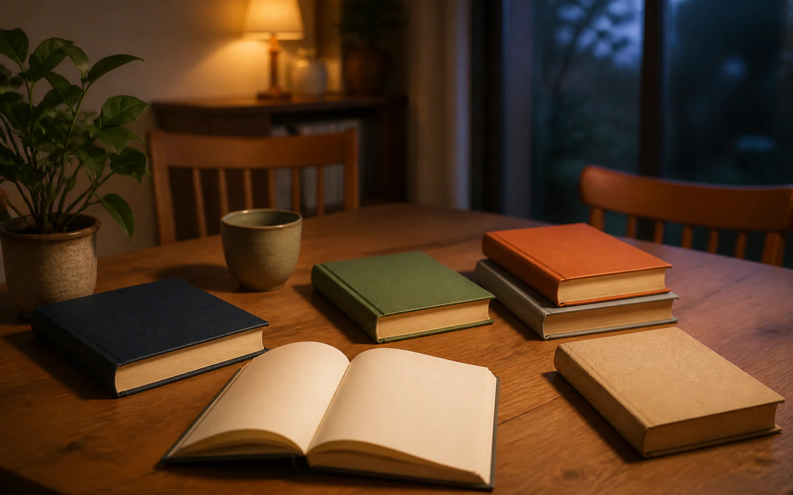 夕暮れの食卓に無地の本と二脚の椅子が並ぶ、温かな室内の読書風景