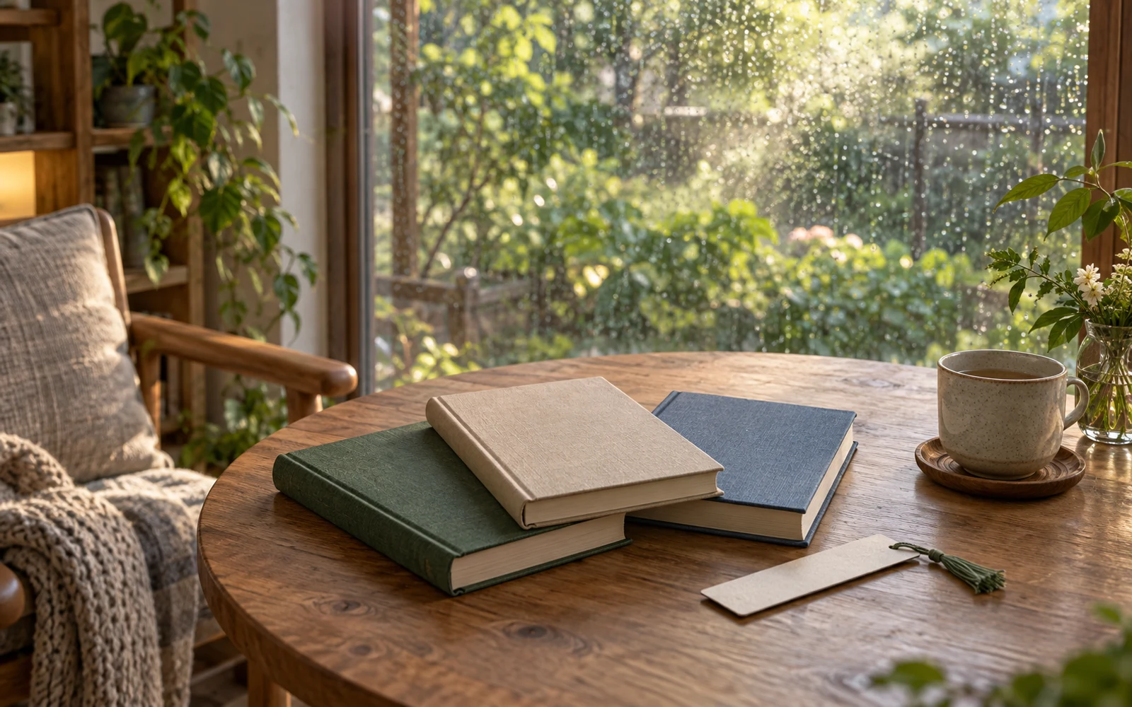雨粒の残る窓から自然光が差す読書机に、深緑・生成り・青の無地の本3冊と栞、陶器のカップが置かれている