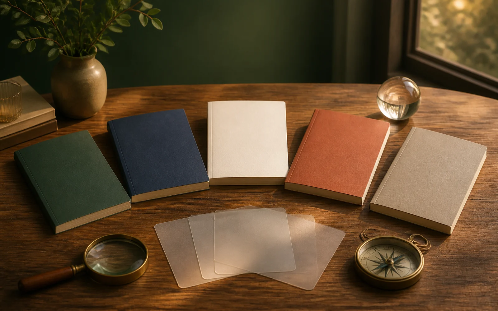 深緑の部屋の読書机に、無地の細身の本5冊とコンパス、虫眼鏡が並ぶ様子