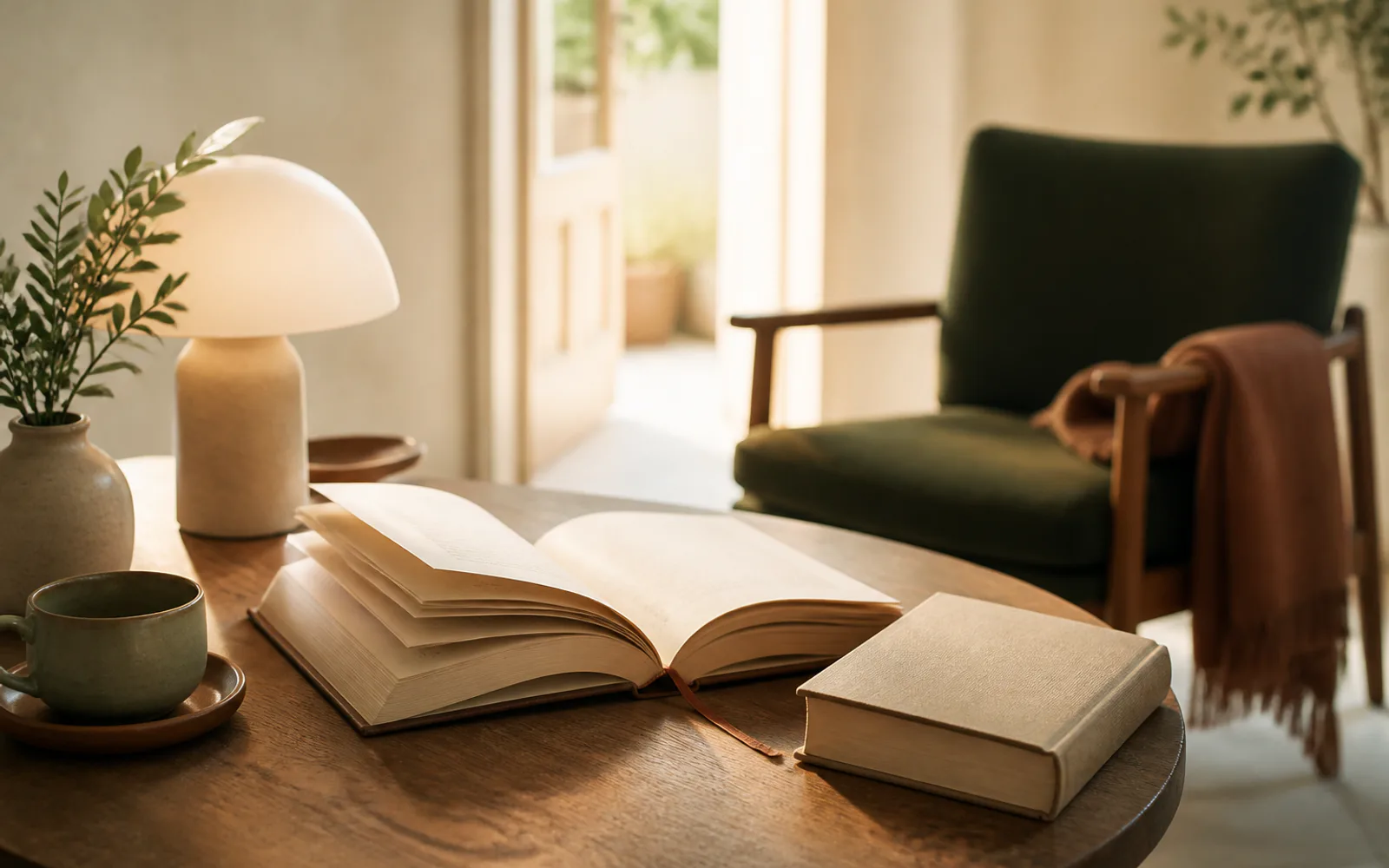 読みかけの本と閉じた本、次の椅子へ続く光のある読書机