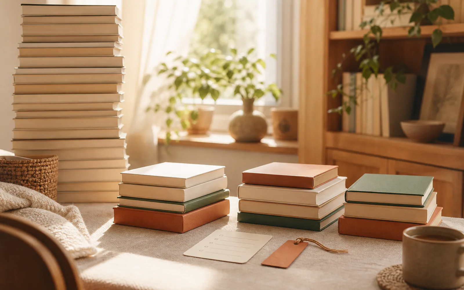 積読を背の低い三つの山へ選び直す、朝の読書スペース
