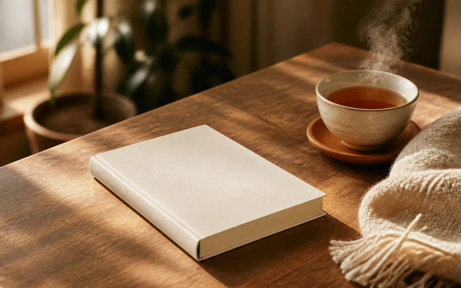 本と温かな飲み物、柔らかな毛布のある読書時間