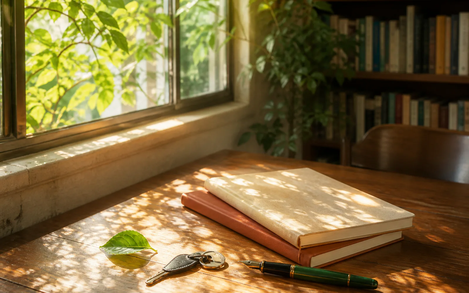 木漏れ日の図書室に二冊の本と鍵、若葉が置かれた青春の風景